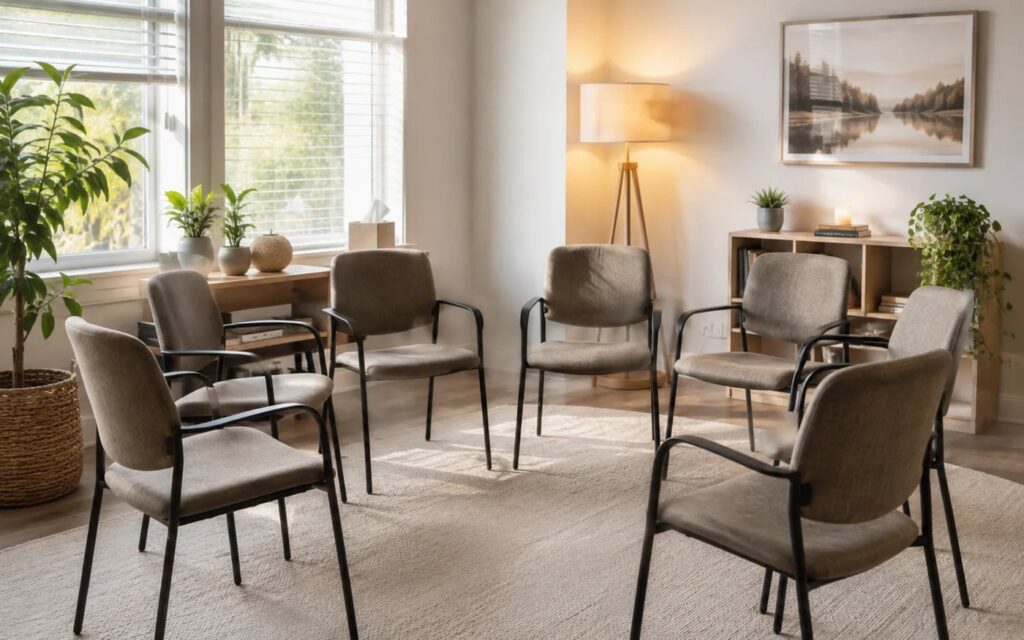 Bright therapy room with chairs arranged in a circle.